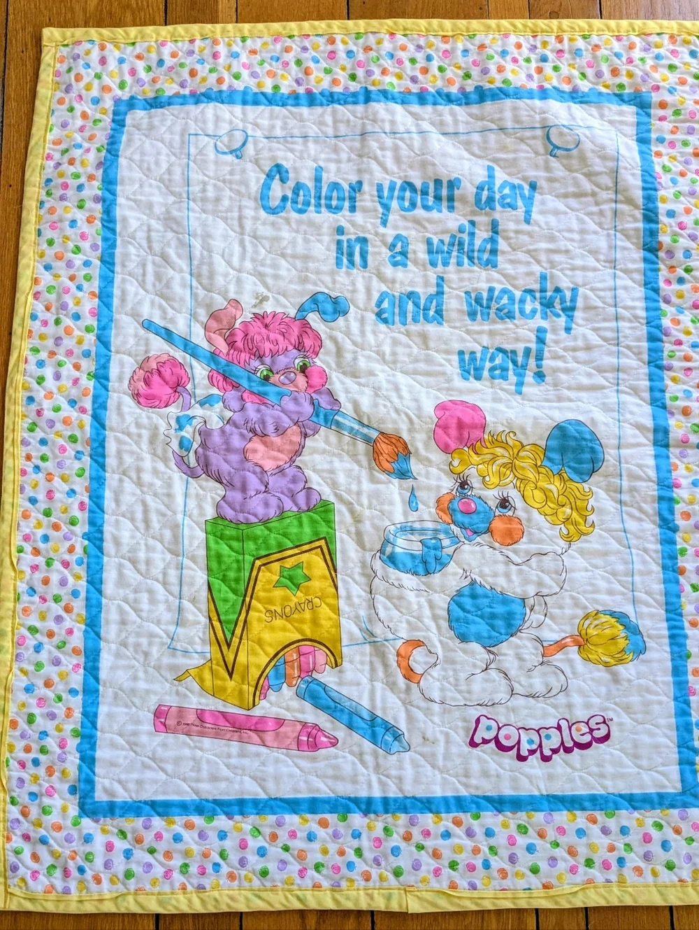 Vintage 1980s Popples Baby Blanket Quilt - Color Your Day - Rare